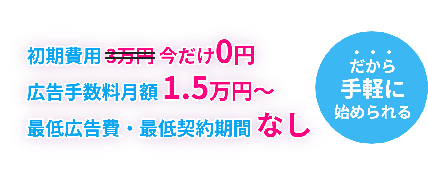 初期費用無料・広告手数料月額1.5万円から・最低広告費・最低契約期間なし