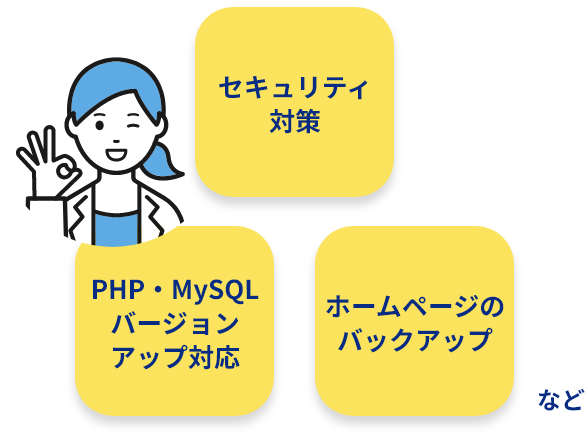 セキュリティ対策、PHP・MySQLバージョンアップ対応、HPのバックアップ